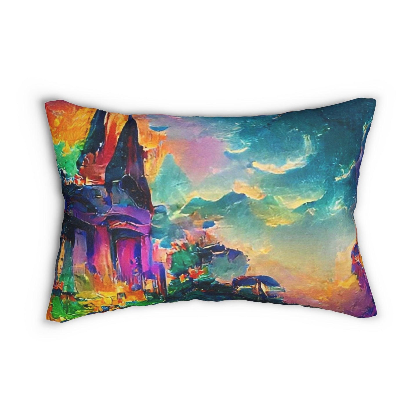 EYNA Emporium - "Mardi Gras Cliffside Temple" Spun Polyester Lumbar Pillow