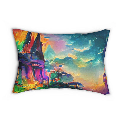 EYNA Emporium - "Mardi Gras Cliffside Temple" Spun Polyester Lumbar Pillow