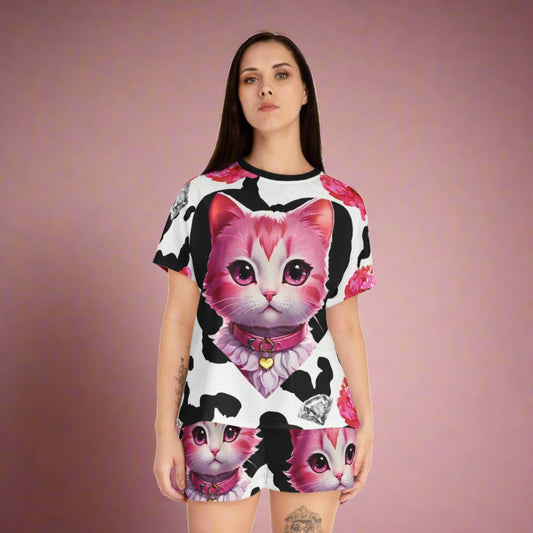 EYNA Emporium - "Pink Diamond Kitten" Women's Short Pajama Set